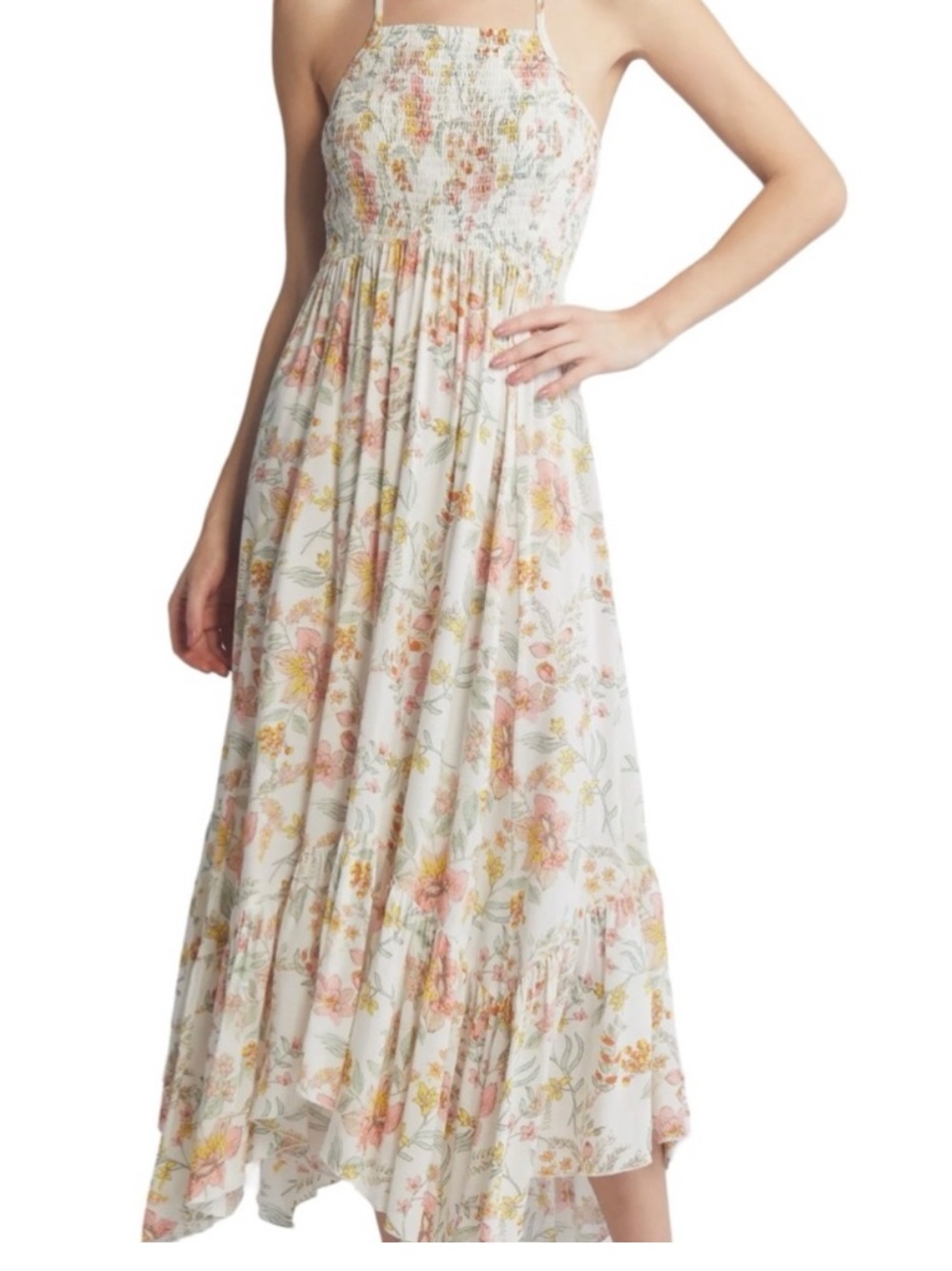 Free People White Maxi Dress with Pink and Yellow Floral Print